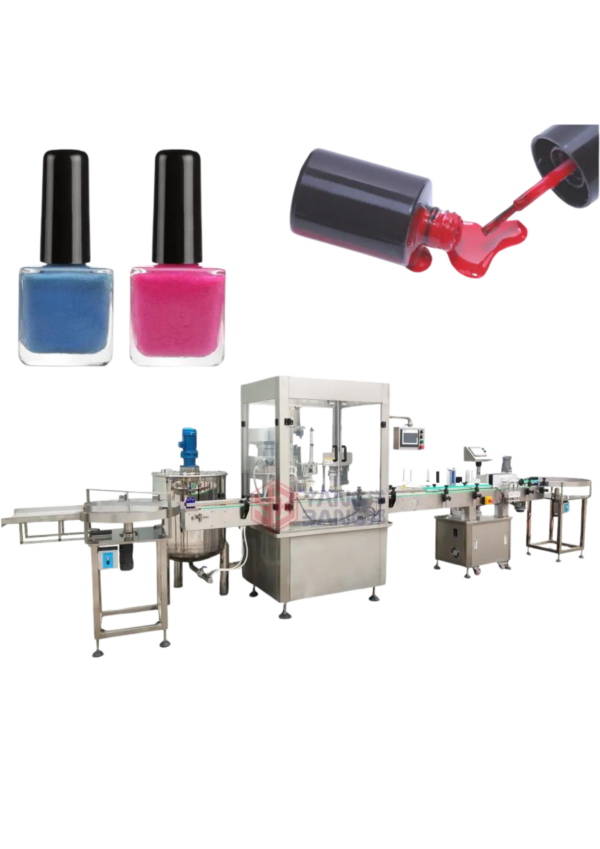 Ligne de production automatisée pour le remplissage de vernis à ongles, avec un exemple de flacons de vernis bleus et roses, et un pinceau appliquant du vernis rouge. Conçue pour un conditionnement rapide et précis de produits de beauté liquides.